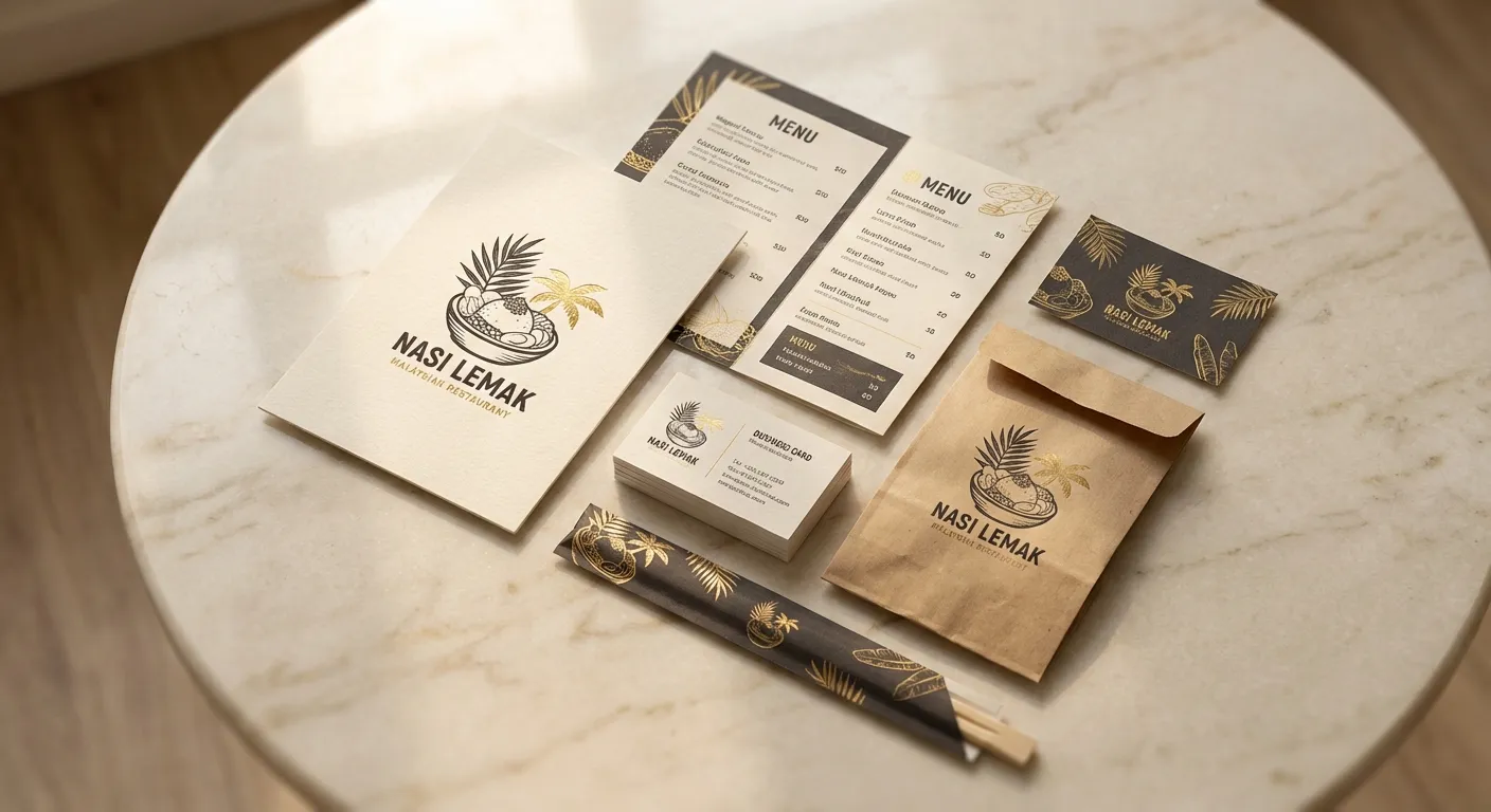Brand identity materials for a modern Malaysian restaurant - logo, menu, and packaging design